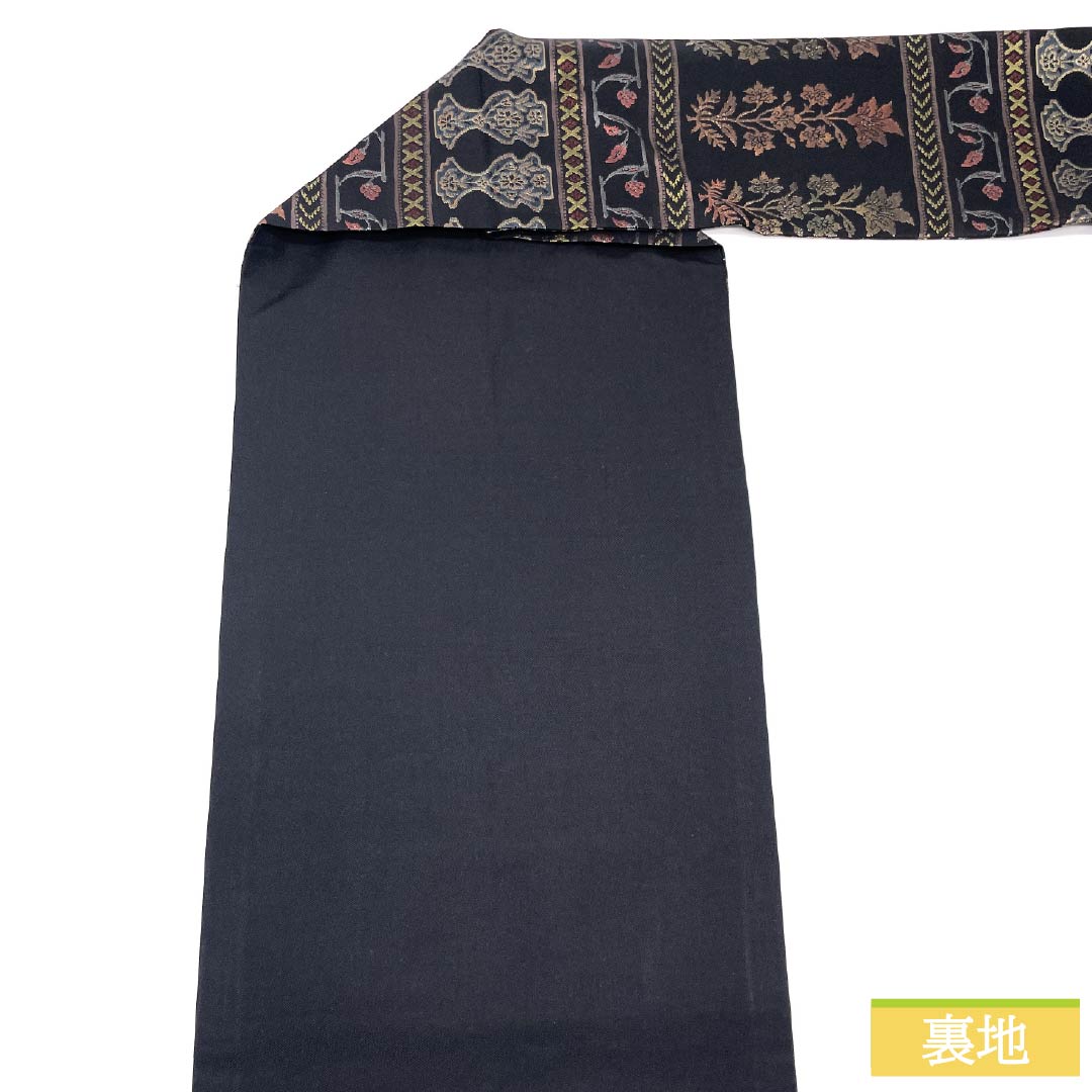 名古屋帯 正絹 Sランク 更紗文様 横段調 帯丈356cm 六通 カジュアル 黒系 1124009492310 名古屋仕立て