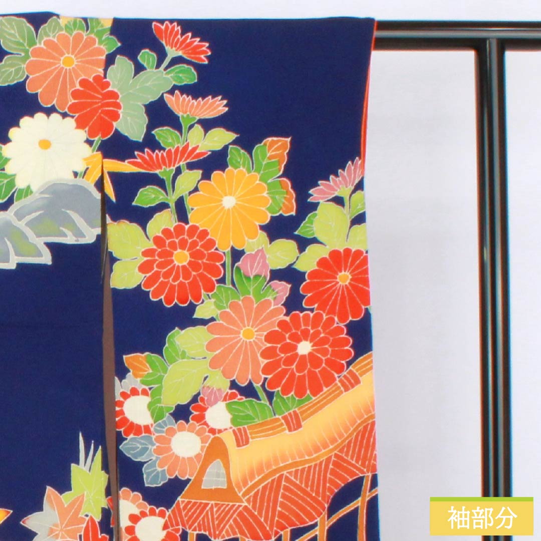 振袖 正絹 Aランク 身丈153cm 裄丈60.5cm 袷 型染 吉祥文様 梅 菊 ちりめん地 重ね衿付き 青系 1113002233217