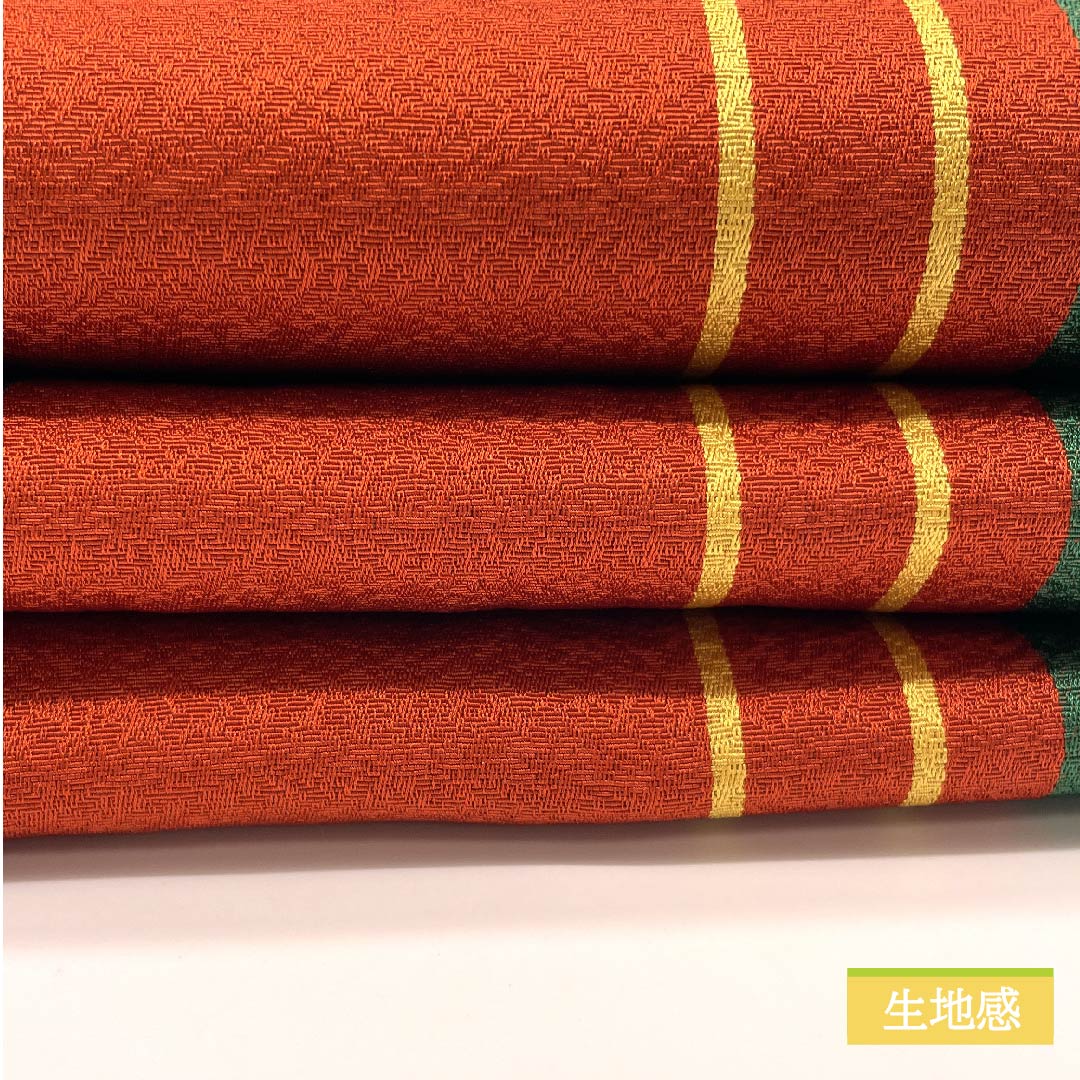 （未仕立）半幅帯 ポリエステル 辰砂色（しんしゃいろ） 縞 幾何学模様 シンプル リバーシブル 帯丈400cm 朱系 Sランク 1125001082316