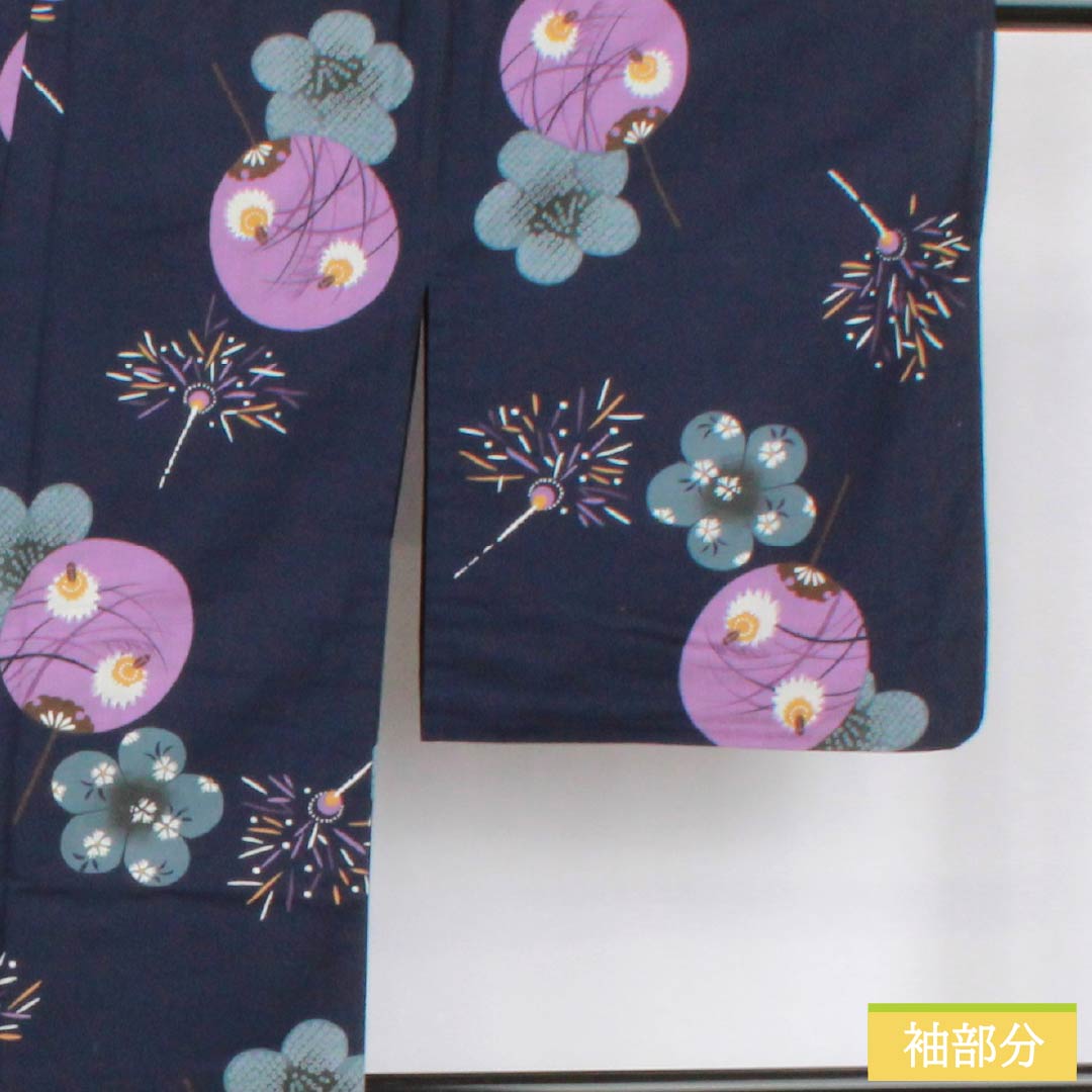 Cotton Yukata (Single Layer) Length: 165cm, Sleeve Length: 65.5cm, S Rank, Navy Blue, with Fan and Fireworks Design, Product Number: 1118006652518