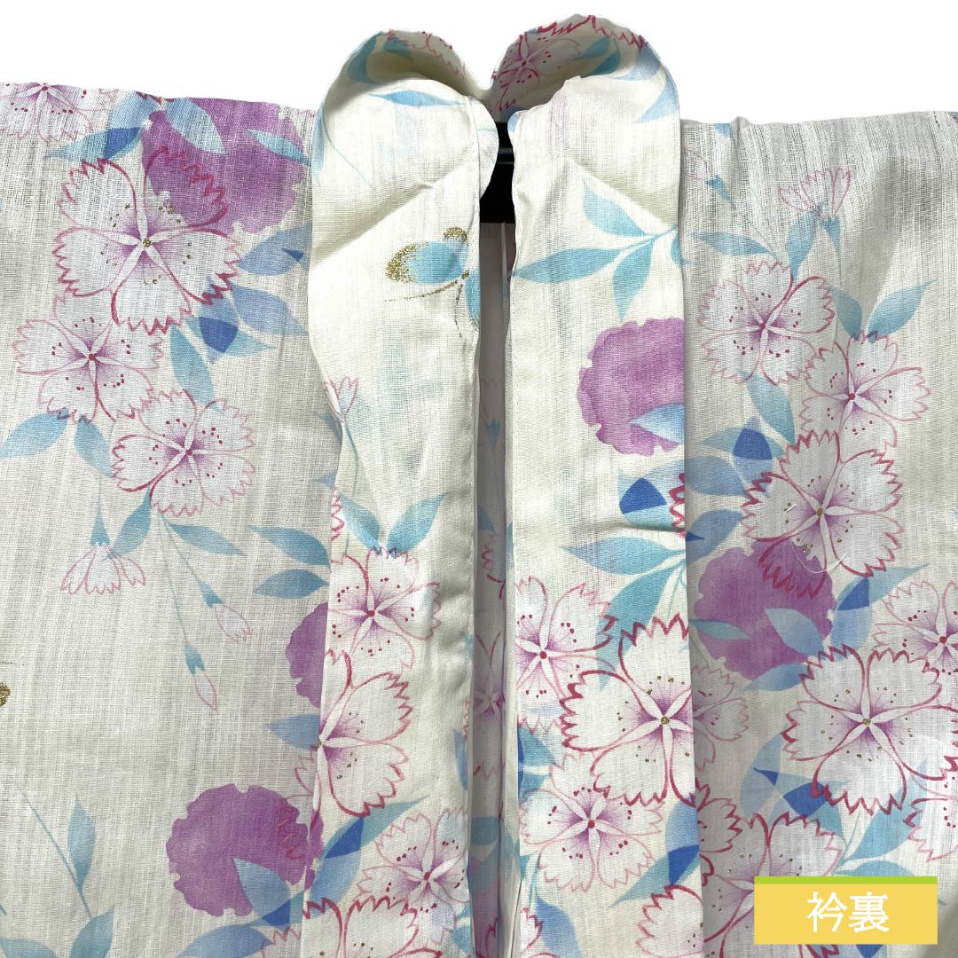 浴衣 木綿 Aランク 身丈166.5cm 裄丈64cm 蝶 草花模様 単衣 白系 1118007243511