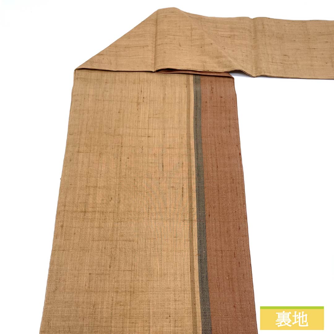 名古屋帯 土器色（かわらけいろ） 紬地 いろは歌 機織機 帯丈375cm 正絹 Sランク ポイント柄 カジュアル グラデーション系 1124007992399 名古屋仕立て