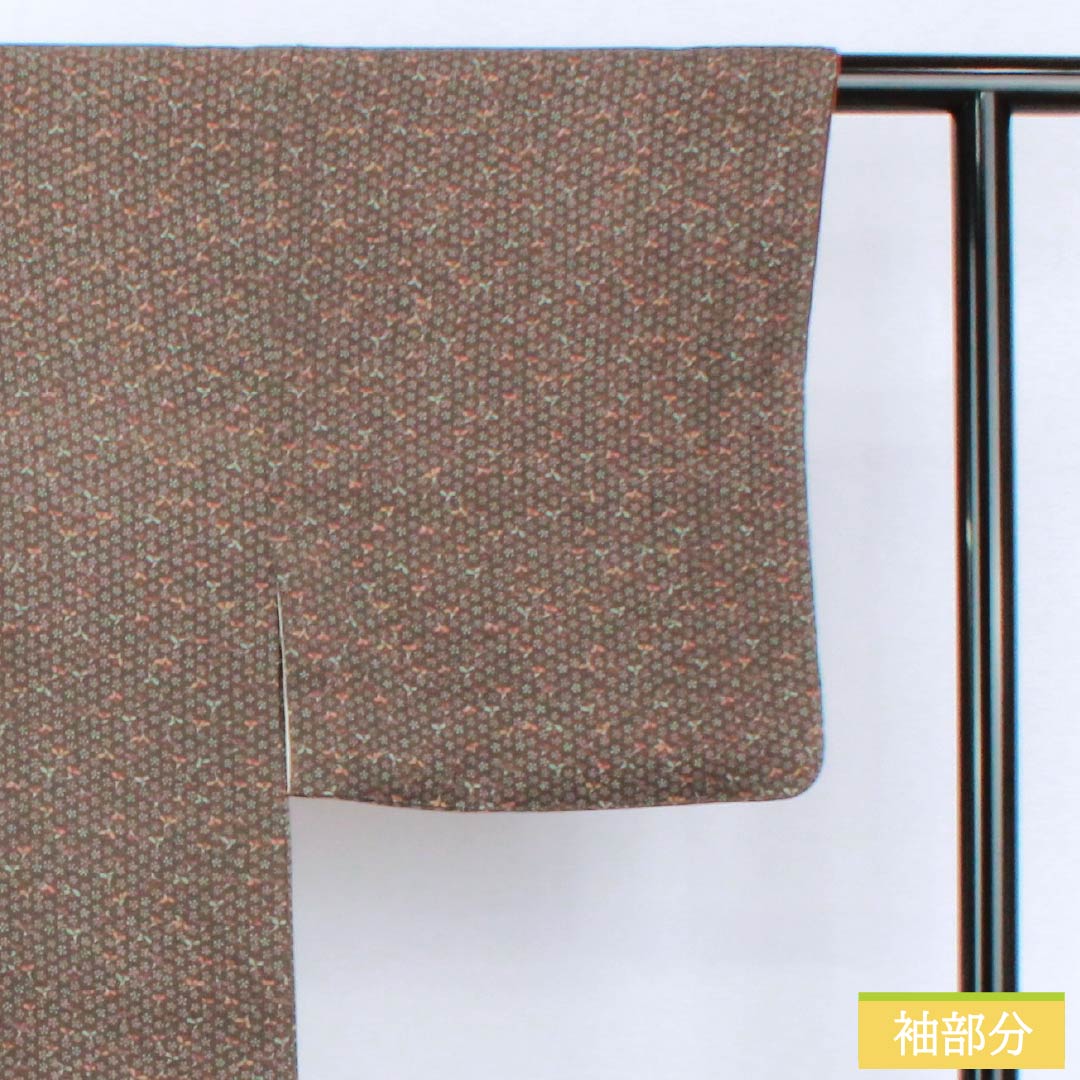 Komon silk kimono, S rank, length 159cm, sleeve length 66cm, lined, chestnut-colored crepe fabric with small flowers and brown accents, product number 1115007412314