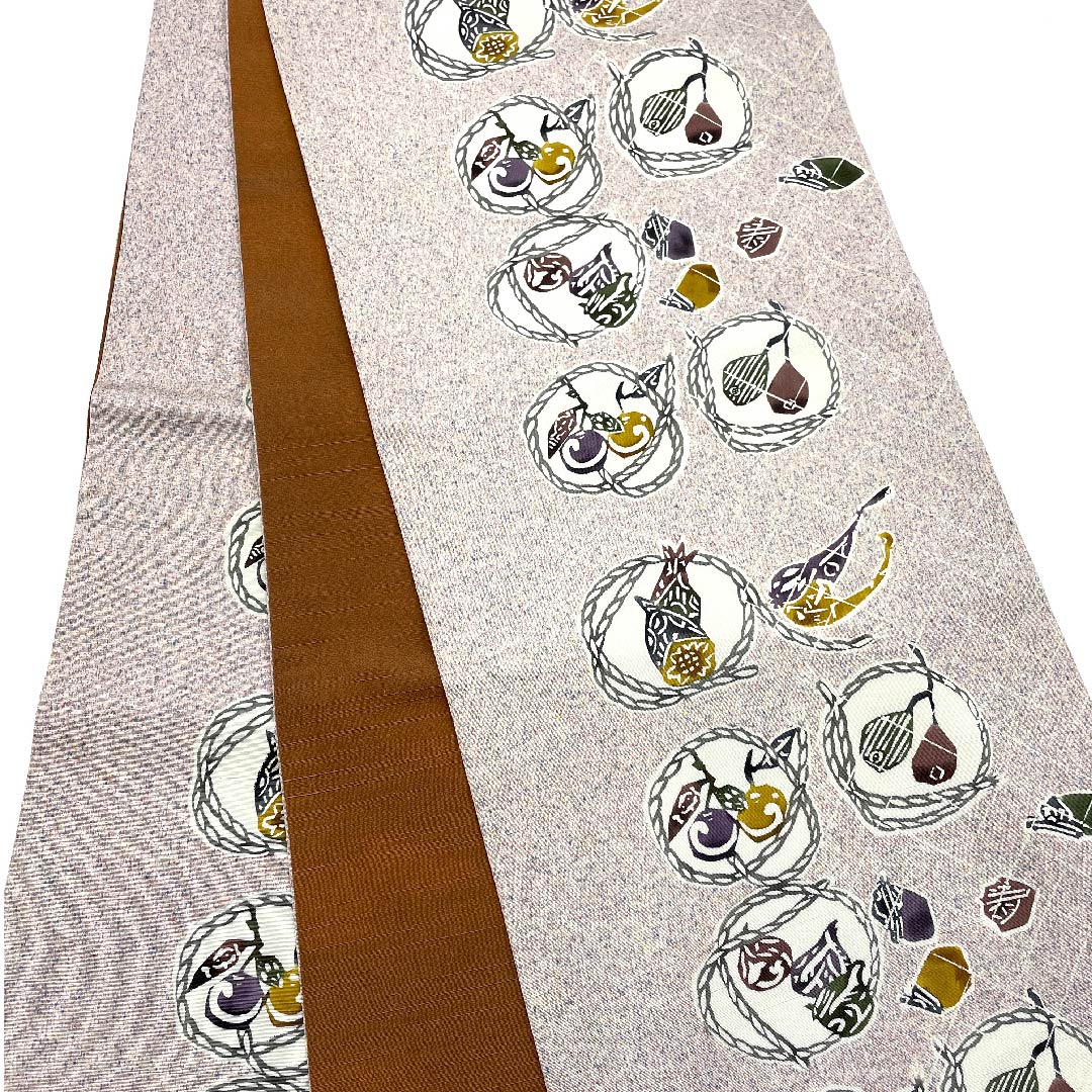 袋帯 桜色（さくらいろ） 野菜模様 染帯 紬地 帯丈456cm 正絹 Sランク 全通 カジュアル ピンク系 1123005742413