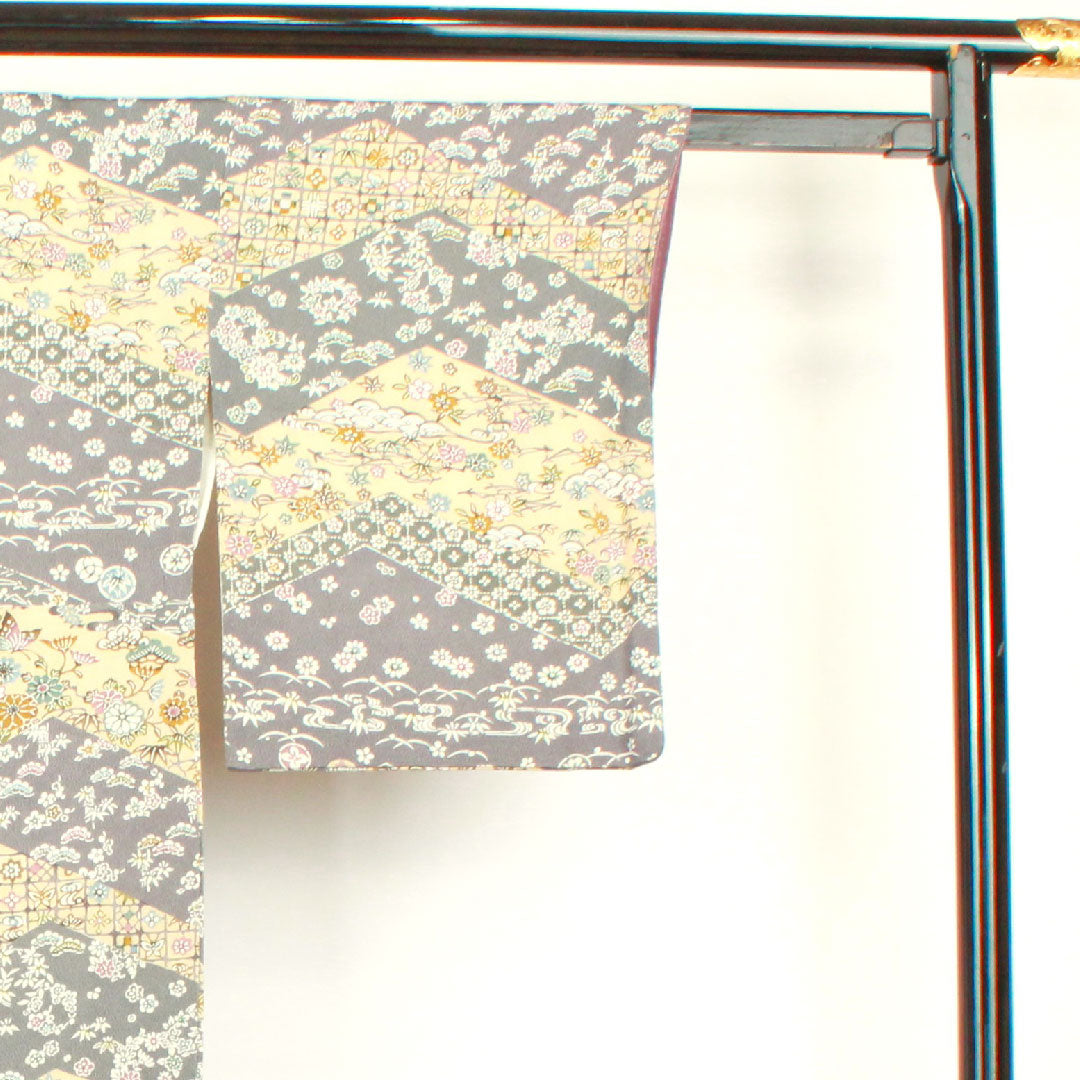 小紋 身丈160.5cm 裄丈62cm 袷 燻銀色 麴色 京紅型  正絹 Aランク グレー系 1115002453422