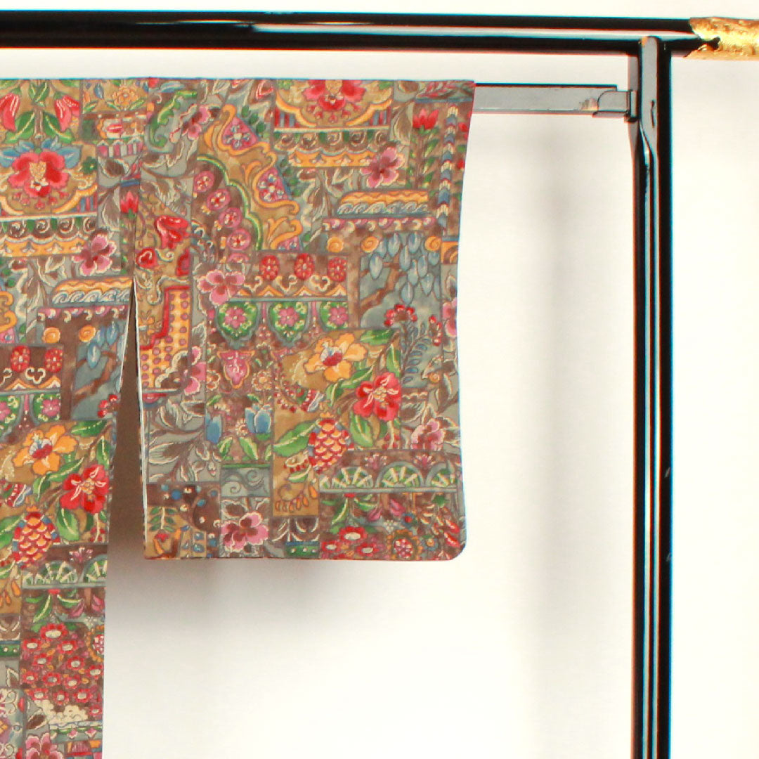 小紋 身丈160cm 裄丈62cm 袷  更紗模様  正絹 Aランク グラデ 1115002303499