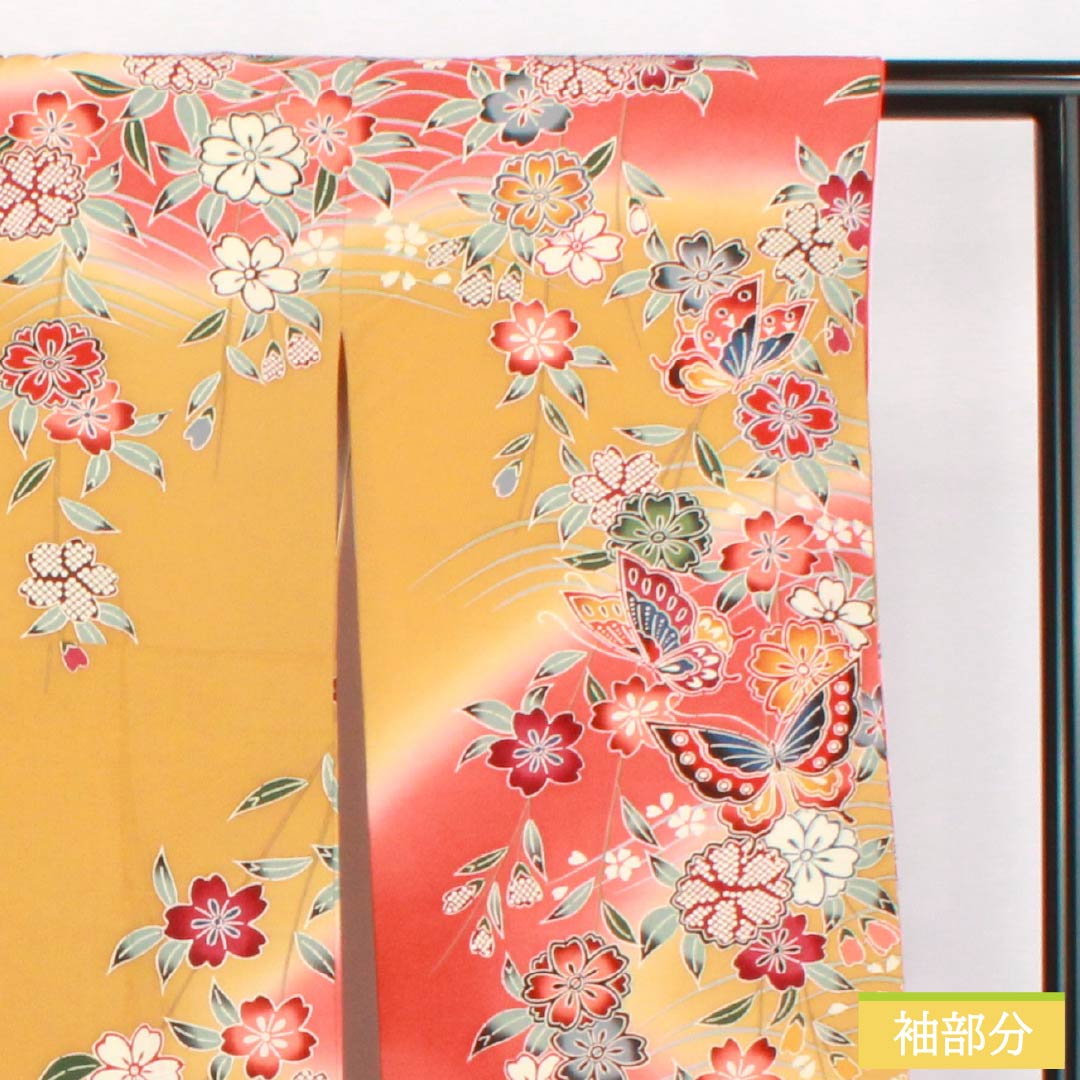 Formal Silk Kimono (Furisode) S-rank, Length 157cm, Sleeve-to-sleeve 62cm, Lined, Wheat color, Kyo Yuzen Dyeing, Auspicious patterns, Butterflies, Flowers, Flowing water, Orange tones, 1113002882326