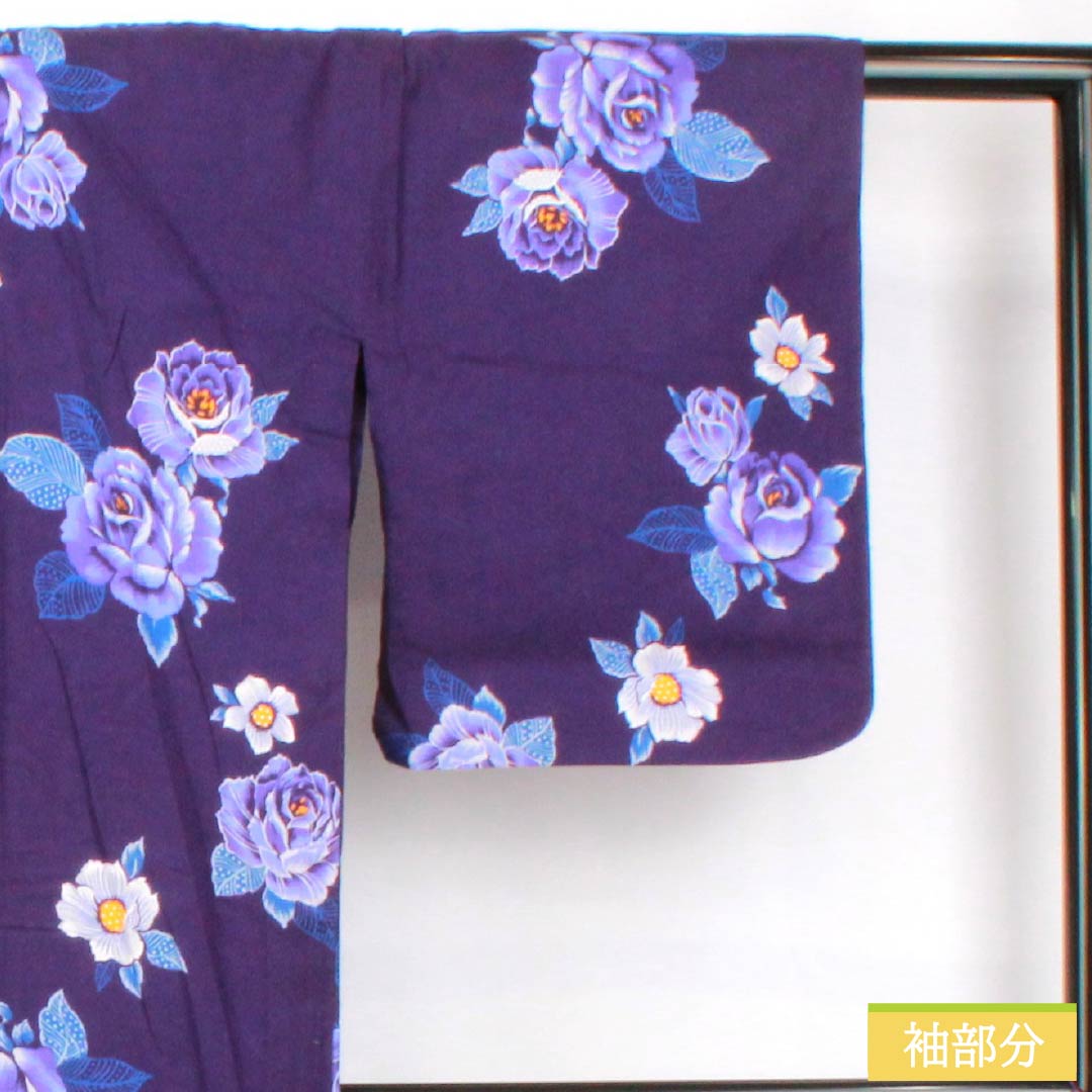 浴衣 木綿 身丈160.5cm 裄丈62cm Sランク 単衣 紫系 紫紺色（しこんいろ） 薔薇 1118005342420