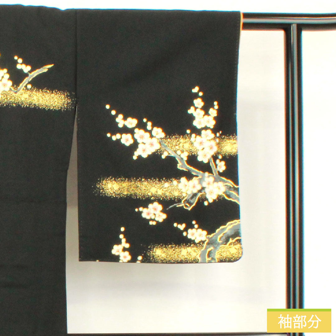 訪問着 ポリエステル 胴抜き 身丈160cm 裄丈64.5cm 洗える着物 梅 重ね衿付き Aランク 黒系 1112005653410