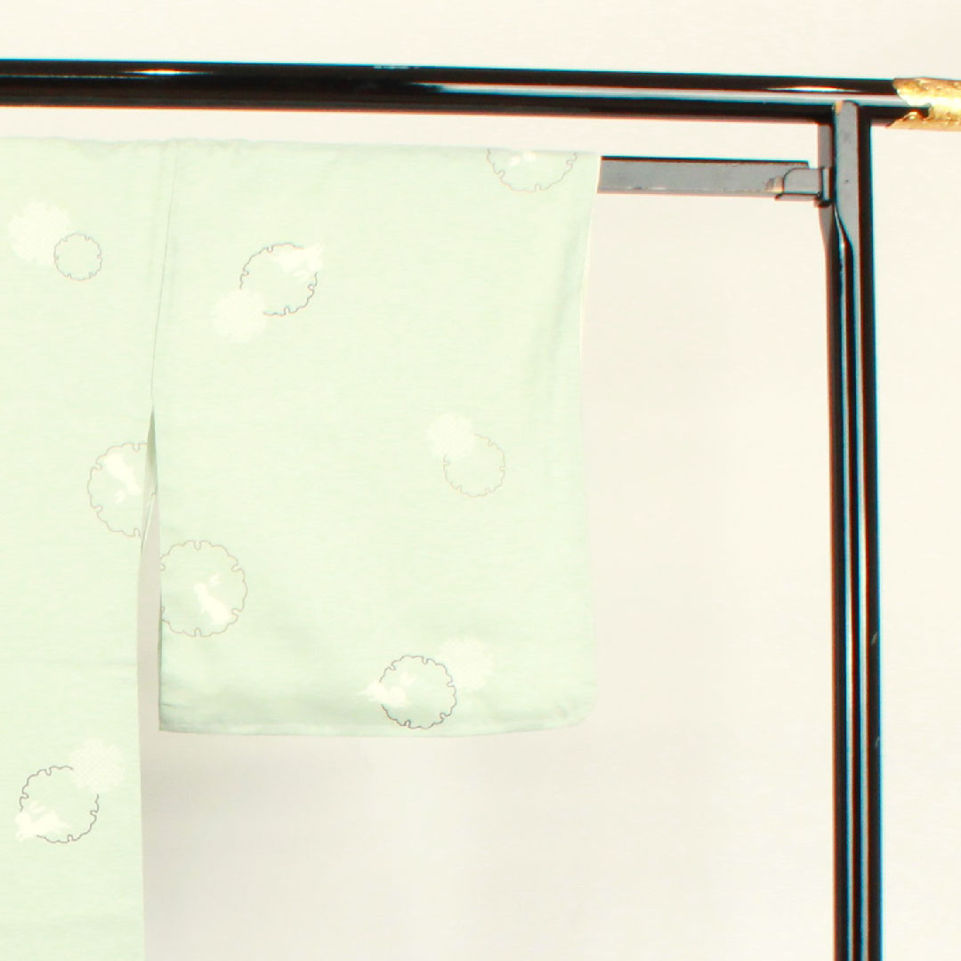 小紋 身丈166cm 裄丈66cm 袷  秘色色 洗える着物 雪輪 うさぎ  ポリ Sランク 青系 1115002582517