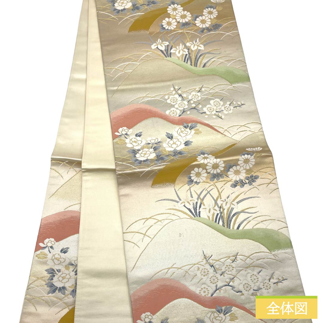 袋帯 正絹 Aランク 銀色（ぎんいろ） 遠山 草花   帯丈416cm 六通 フォーマル 銀系 1123018623322