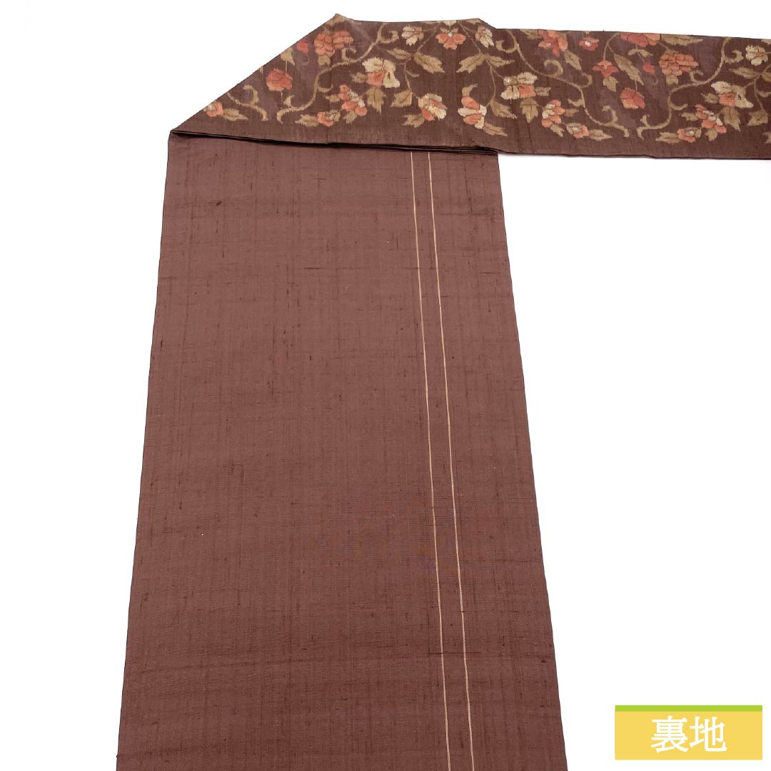 名古屋帯 正絹 Sランク 紅檜皮色（べにひわだいろ） 更紗文様 紬地 帯丈362cm 六通 カジュアル 茶系 1124009342314 名古屋仕立て