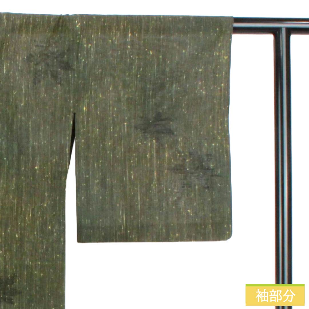 夏物 正絹 紬 Sランク 身丈158.5cm 裄丈64cm 藍海松茶色（あいみるちゃいろ） 紅葉 縞 紗 緑系 1132006382319