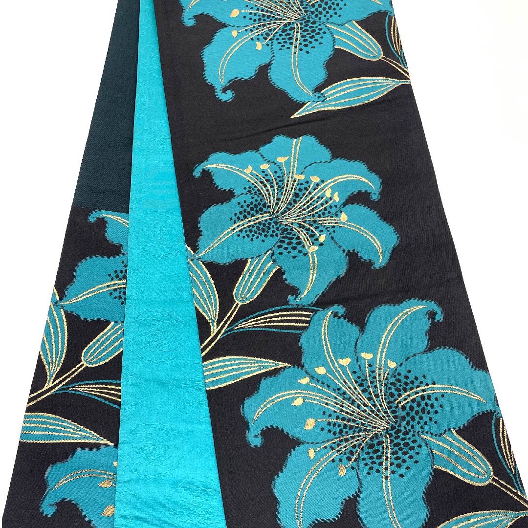 袋帯 草野一騎 百合 振袖用 作家物 黒色 帯丈440cm 正絹 Sランク 六通 セミフォーマル 黒系 1123004722310