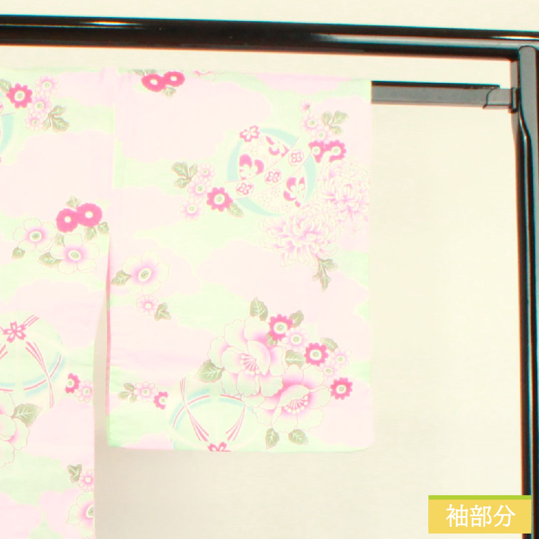 浴衣 木綿 身丈167cm 裄丈64cm Sランク 単衣 緑系 白緑色（びゃくろくいろ） 菊 鞠 雲取り 1118004662519