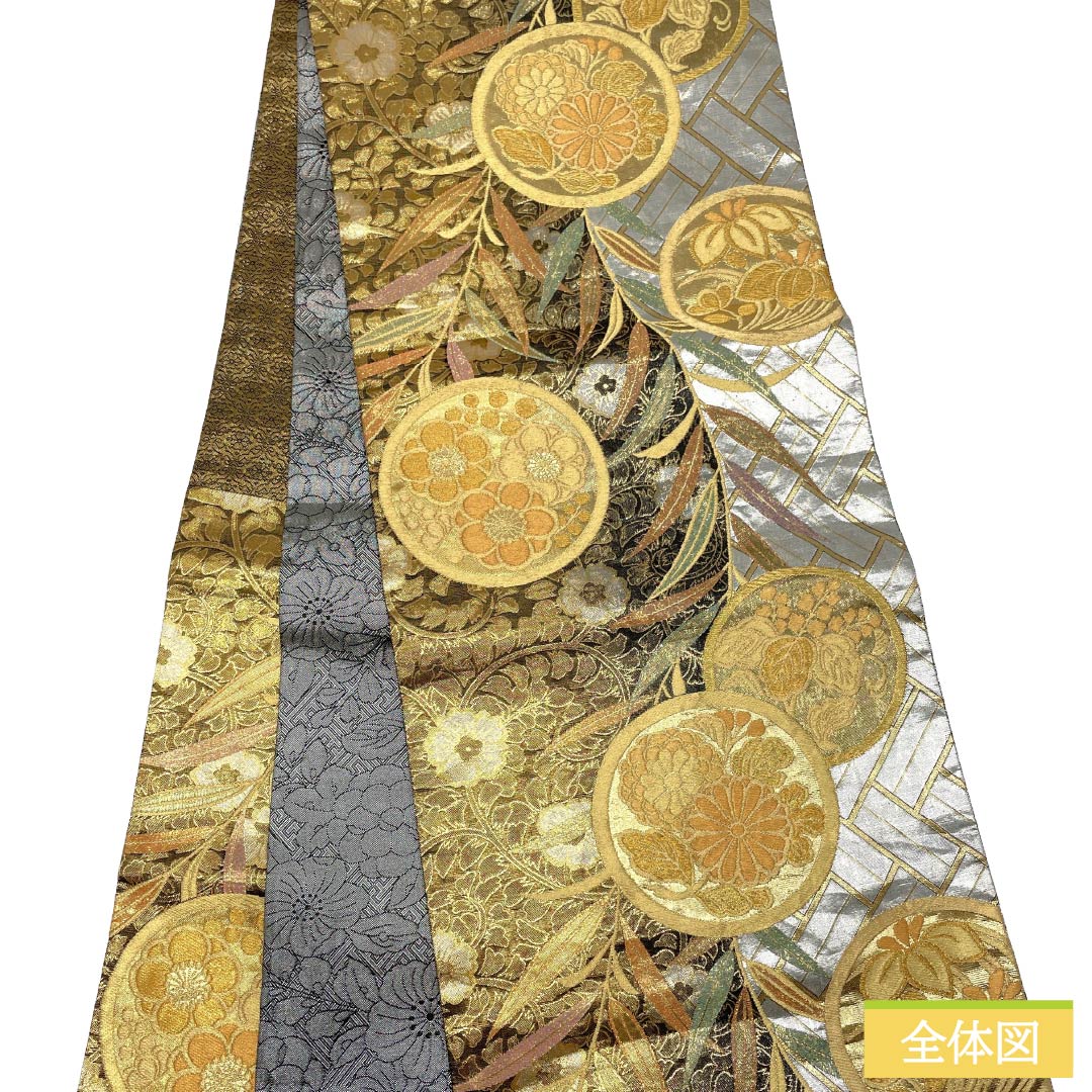 袋帯 正絹 Aランク 銀色（ぎんいろ） 古典柄 振袖用 花丸 草花 帯丈432cm 六通 フォーマル 銀系 1123018703322