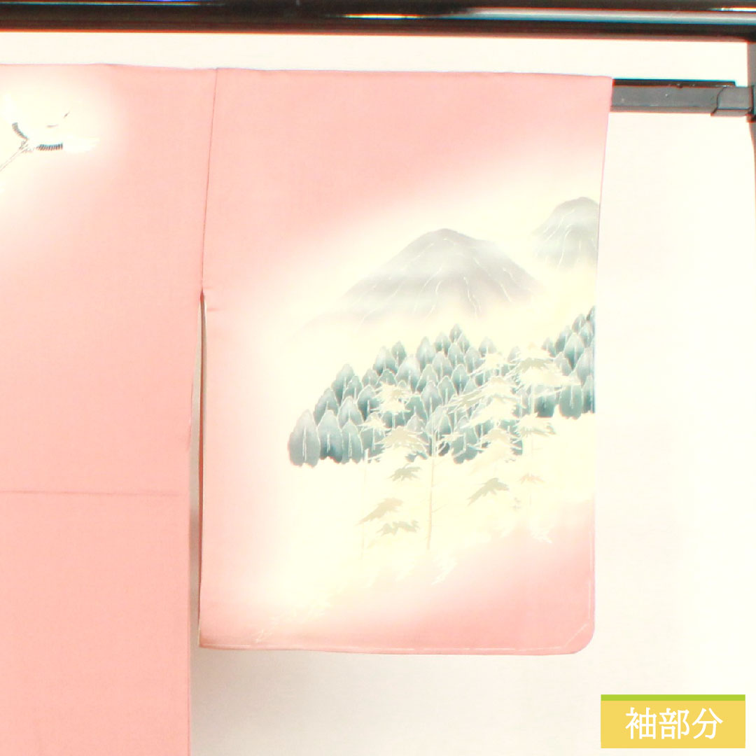 訪問着 正絹 袷 身丈170.5cm 裄丈69.5cm 一重梅色（ひとえうめいろ） 京友禅 比翼仕立て 風景模様 鶴 三つ紋 Sランク ピンク系 1112004612613