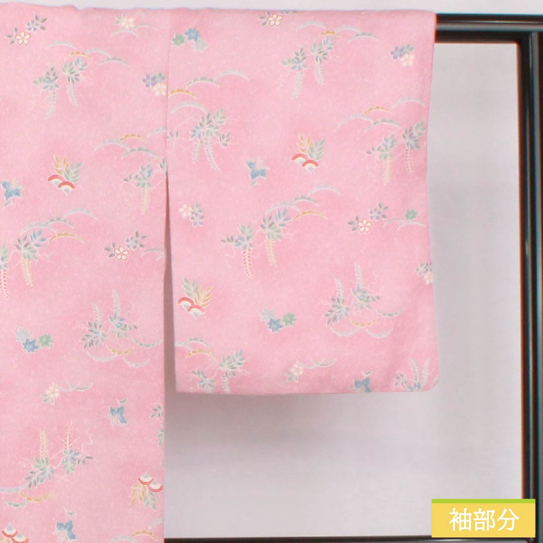 小紋 ポリエステル 身丈165cm 裄丈64cm 袷 一斤染色（いっこんぞめいろ） 洗える着物 草花 Sランク ピンク系 1115005182513