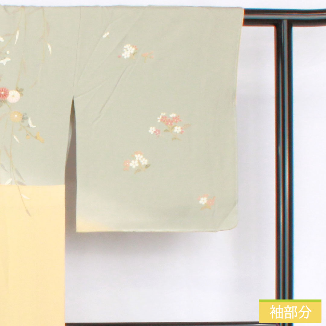 訪問着 正絹 袷 身丈165.5cm 裄丈66.5cm 東京白茶色（とうきょうしらちゃいろ） 青磁色（せいじいろ） 京友禅 草花模様 Sランク グラデーション系 1112005722599