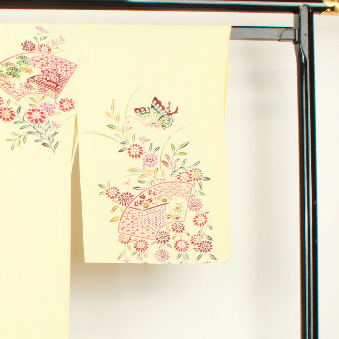 訪問着 袷 身丈159cm 裄丈62.5cm 鳥の子色 京紅型 草花模様 正絹 Aランク クリーム系 1112001943315