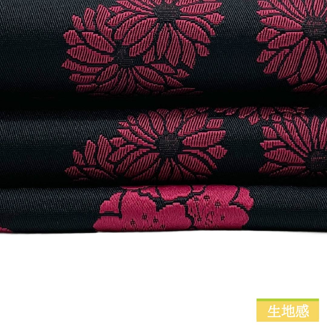半幅帯 ポリエステル Sランク 黒色（くろいろ） 苺色（いちごいろ） 丸に花 菊 桜 広幅 帯丈355cm 黒系 1125003612310
