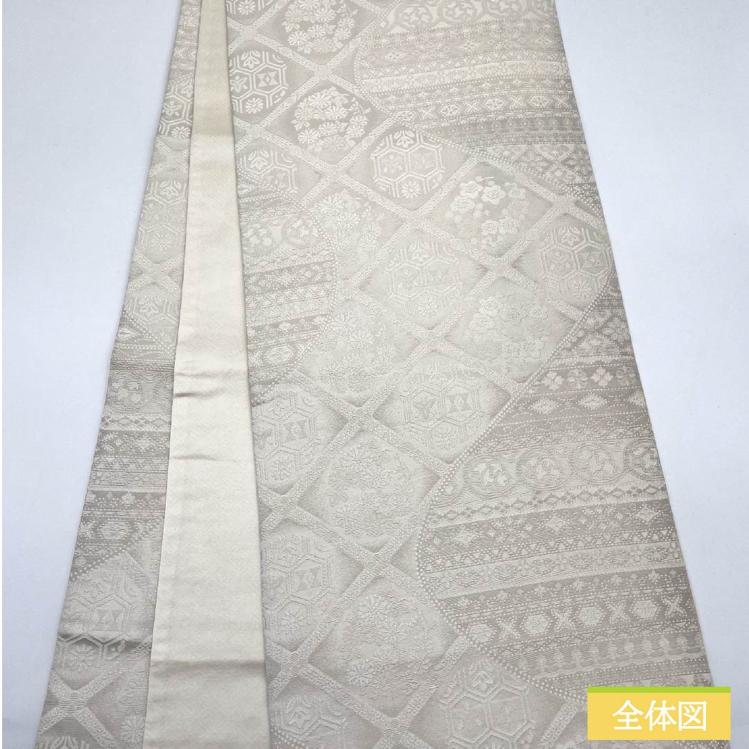 袋帯 正絹 胡粉色（ごふんいろ） 花丸文様 菱 帯丈460cm Aランク 全通 セミフォーマル 白系 1123012213411