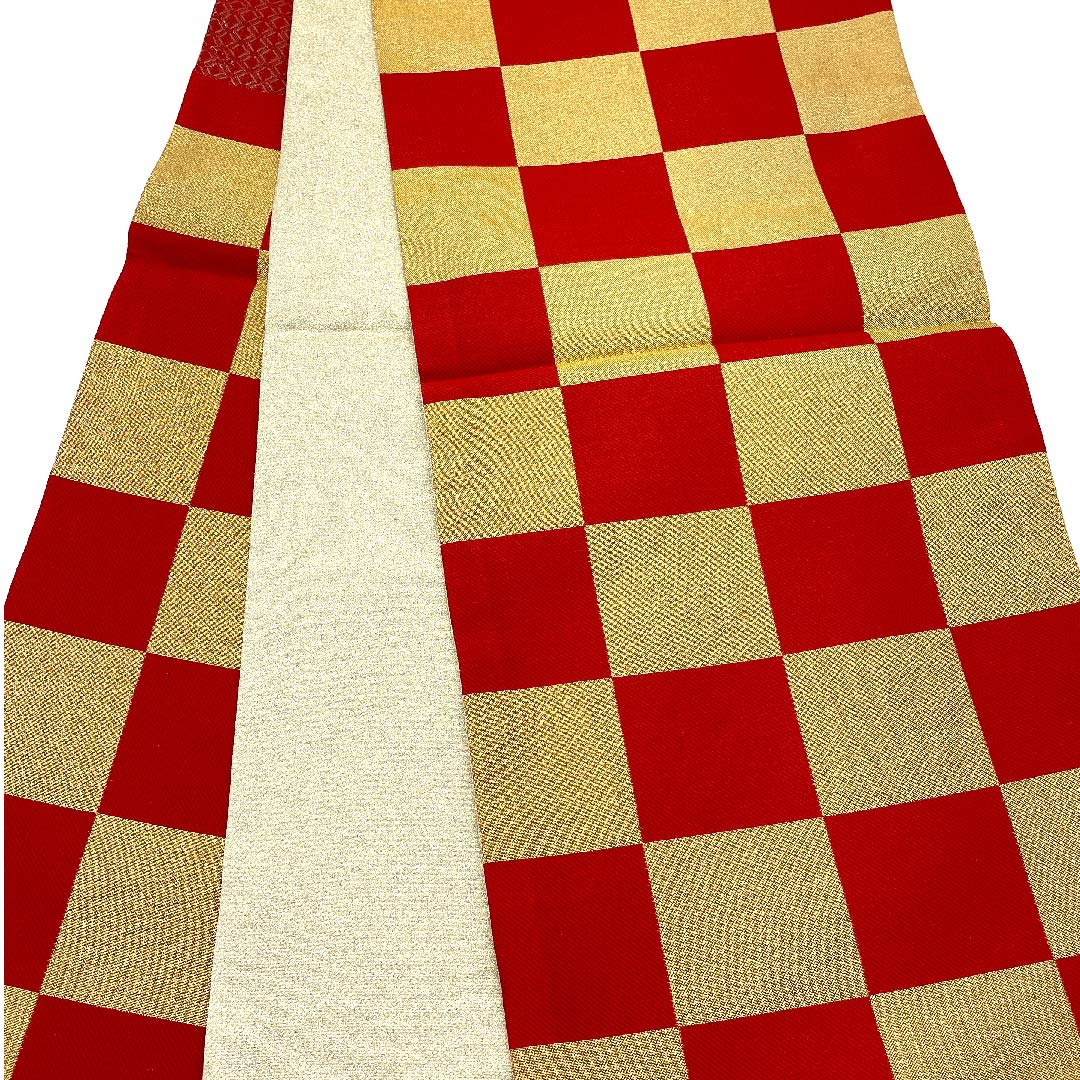 袋帯 金色 振袖用 市松 帯丈436cm 正絹 Sランク 六通 フォーマル 金系 1123006242321