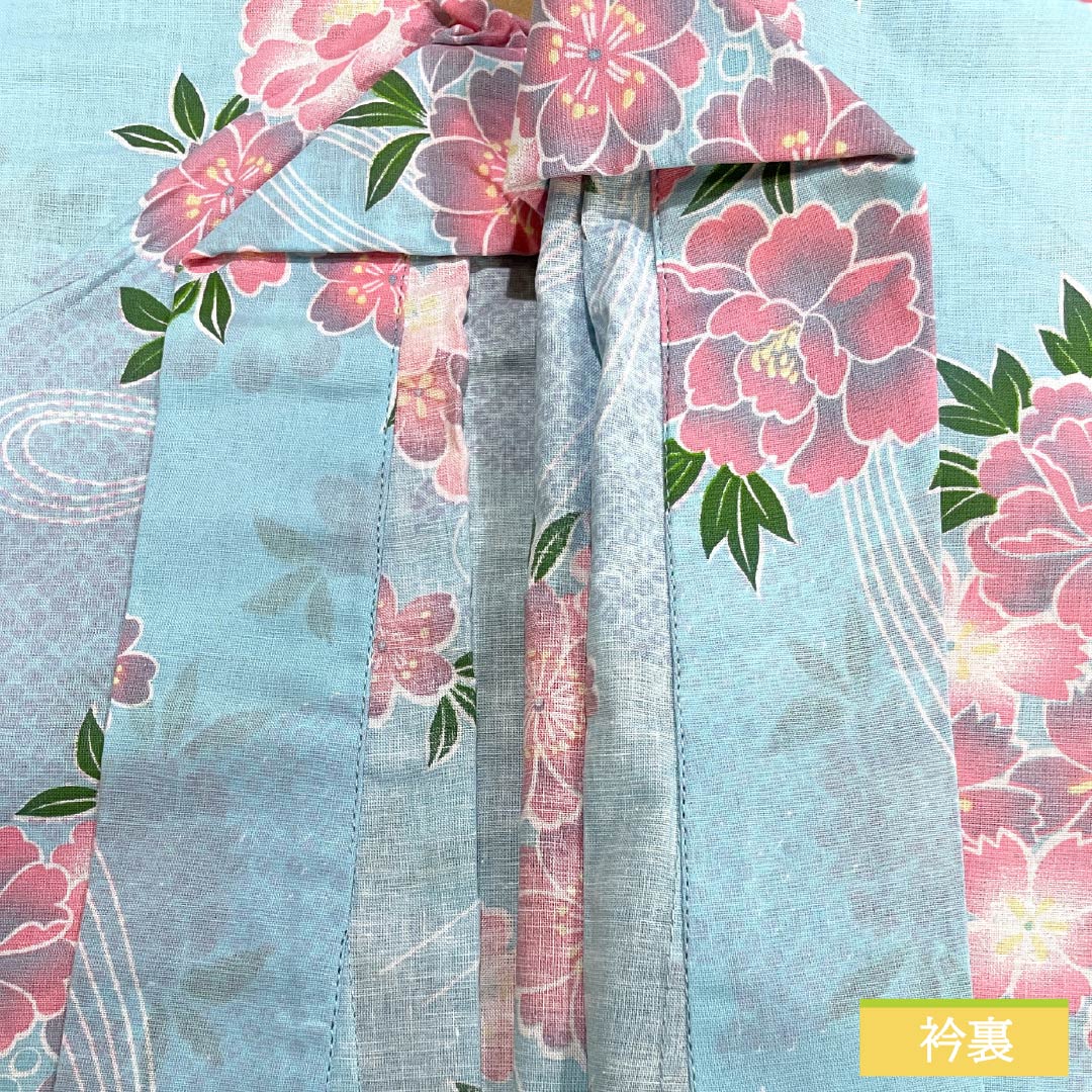 浴衣 木綿 Sランク 身丈165.5cm 裄丈66cm 桜 単衣 水色系 1118007072524