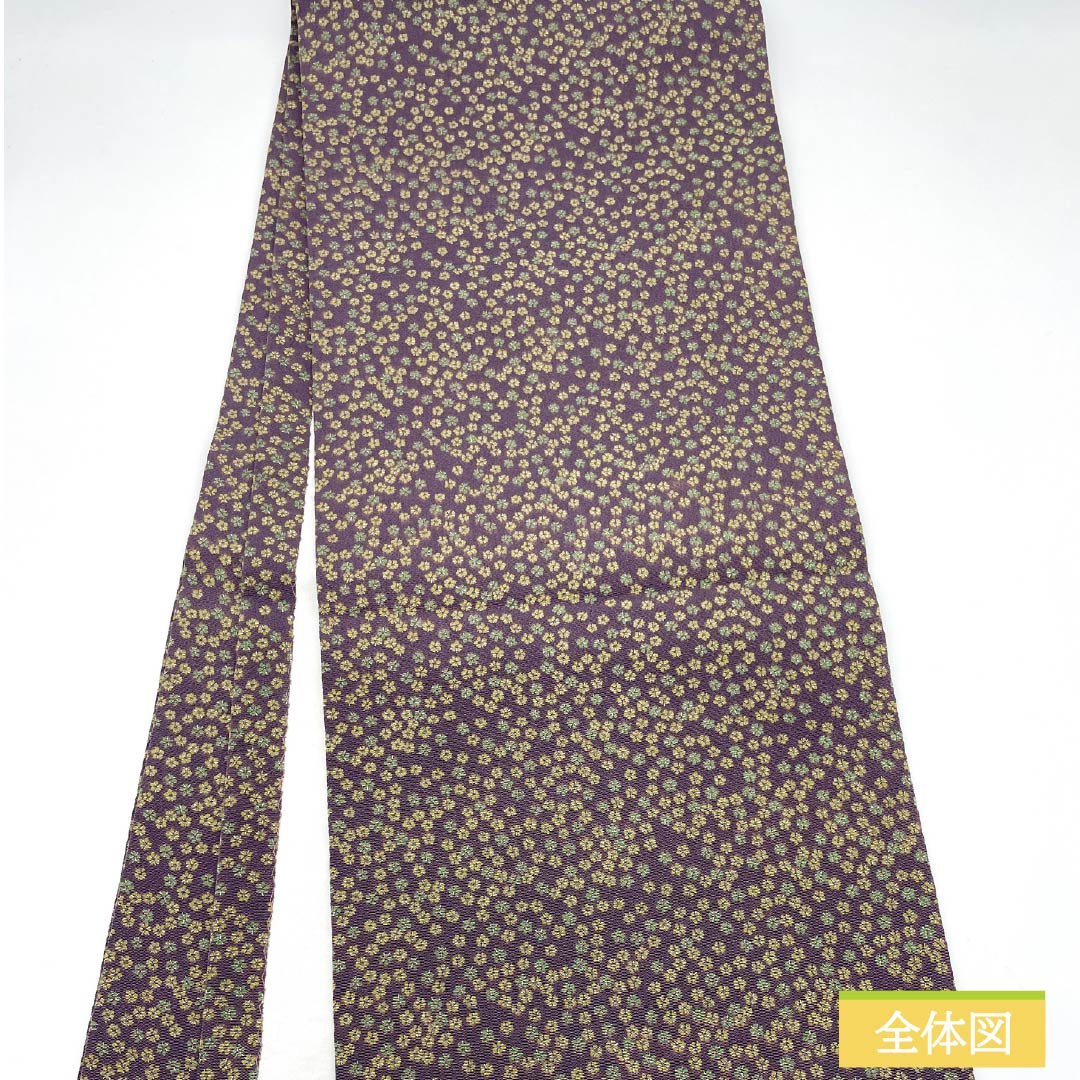 名古屋帯 滅紫色（けしむらさきいろ） 染め帯 ちりめん地 小花模様 帯丈354cm 正絹 Sランク 全通 カジュアル 紫系 1124008142320 開き仕立て