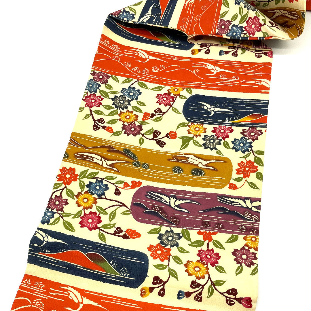 名古屋帯 型染 群鶴に枝花模様 単衣 帯丈311cm 正絹 Bランク 全通 カジュアル クリーム系 1124001404315  名古屋仕立て