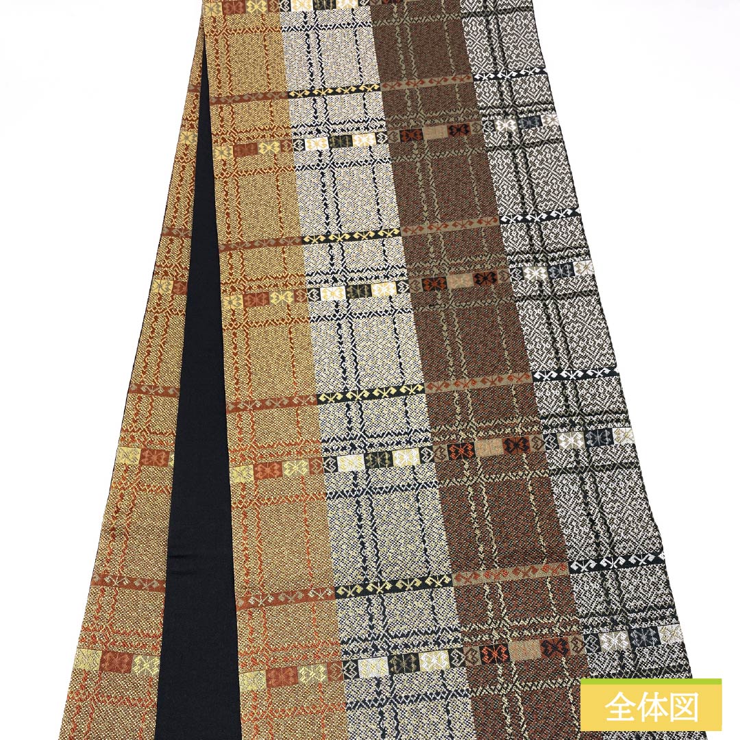 袋帯 正絹 幾何学模様 横段 帯丈438cm Sランク 全通 カジュアル グラデーション系 1123012532399