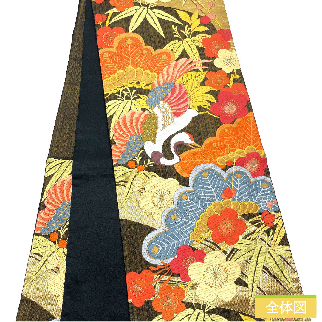 Formal black obi, pure silk, S-rank, featuring a design of sage pine, bamboo, and plum blossoms, Nishijin-ori (Karaori) weave, 430cm long, six-pass pattern, 1123016852310