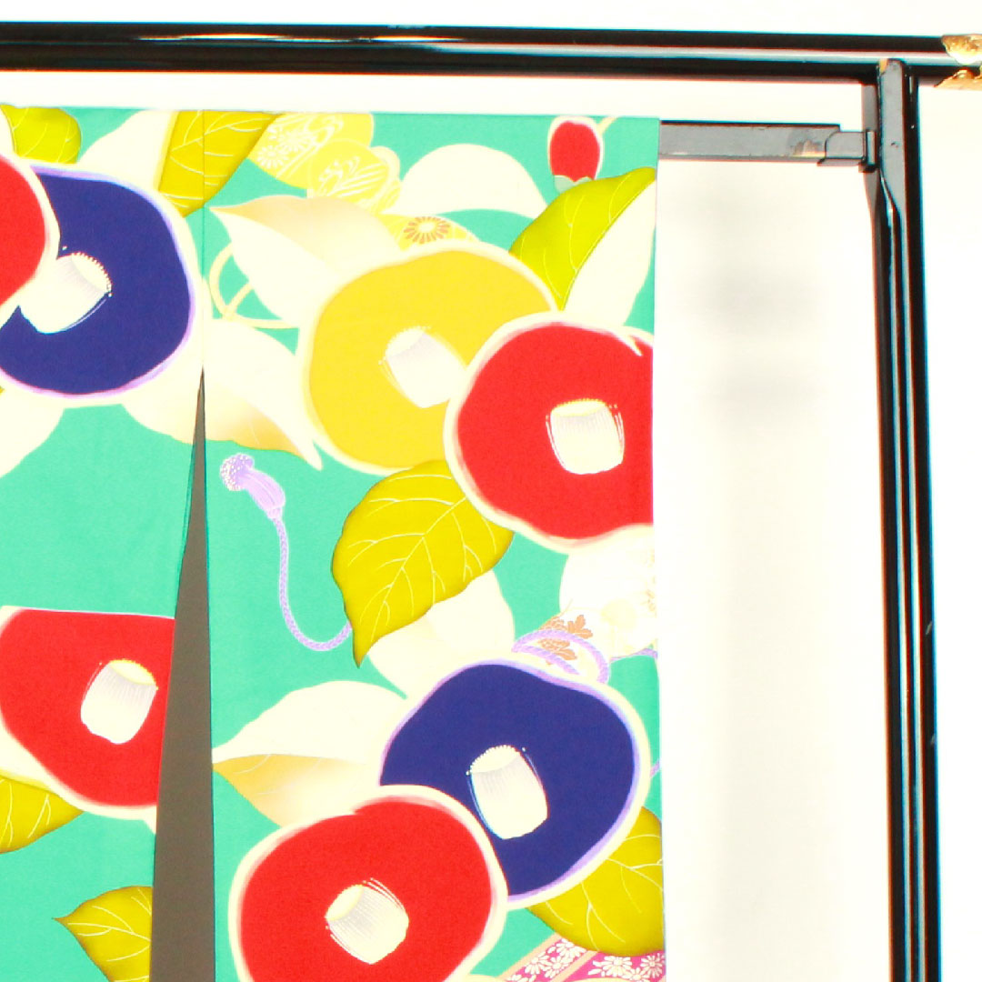 Long-sleeved kimono, length 176cm, sleeve length 70cm, lined, floral greenish blue, washable kimono, camellia, poly, S rank, blue, 1113001402817