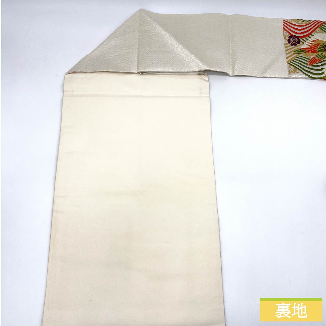 名古屋帯 おしどり 桜 波 帯丈364cm 正絹 Aランク ポイント柄 セミフォーマル 銀系 1124008933322 名古屋仕立て