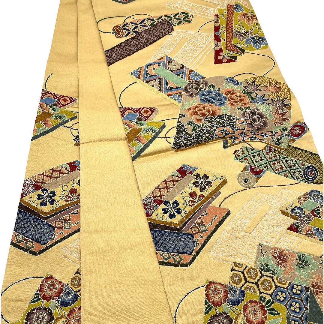 袋帯 山吹鼠色（やまぶきねずみいろ） 白綾苑大庭 時代絵巻 古典花 帯丈420cm 正絹 Sランク 六通 フォーマル 茶系 1123005682314