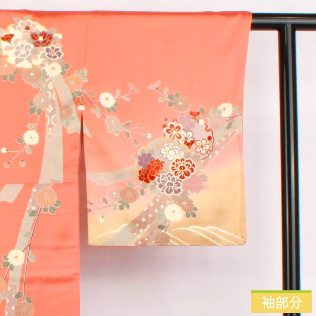 訪問着 正絹 Aランク 袷 身丈160.5cm 裄丈65.5cm 榴花紅色（リューホワホンいろ） 京友禅 雪輪 菊 橘 紗綾形 ピンク系 1112006233413