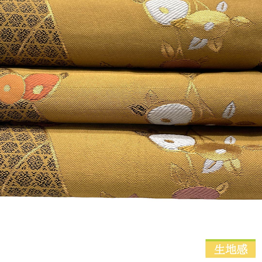【未仕立】半幅帯 ポリエステル Sランク 古典柄 万寿菊 広幅 帯丈407cm 金系 1125003392421