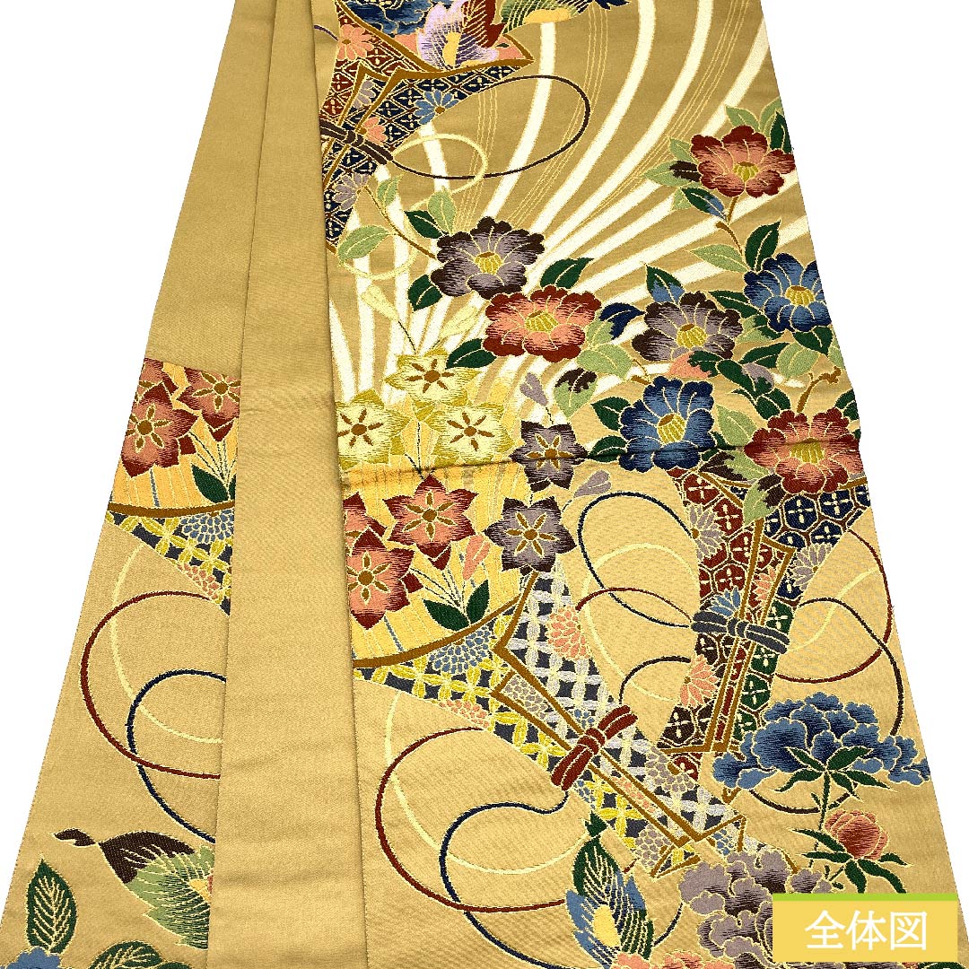 袋帯 正絹 胡桃色（くるみいろ） 花柄 白綾苑大庭 振袖用 帯丈438cm Aランク 六通 フォーマル ベージュ系 1123010783325