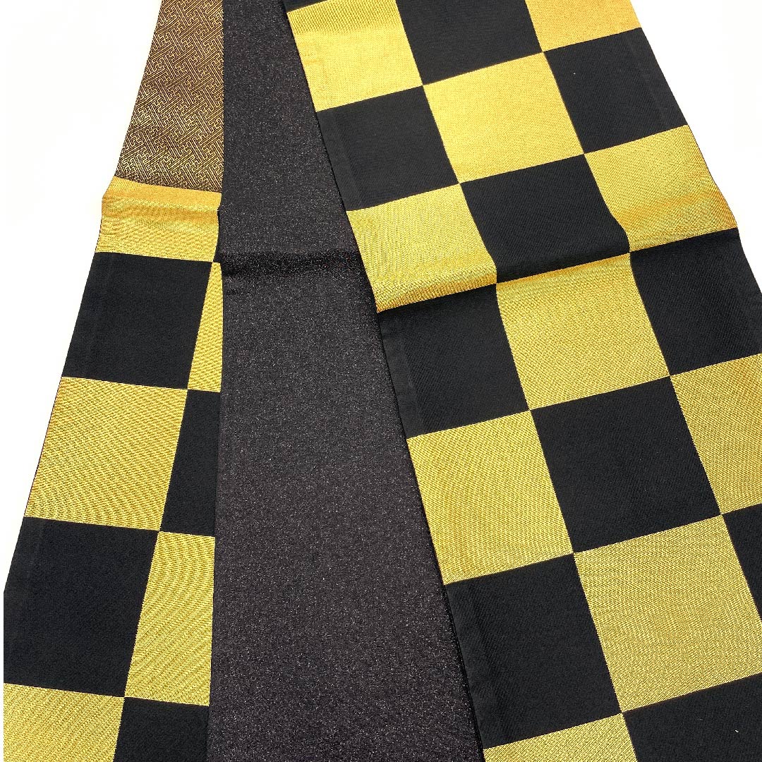 袋帯 金色 振袖用 市松 帯丈440cm 正絹 Sランク 六通 フォーマル 金系 1123006432321