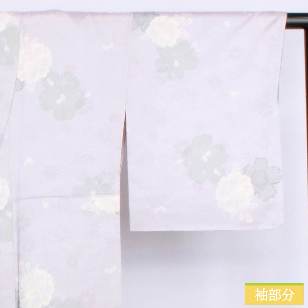 Komon (small pattern) kimono, pure silk, length 156cm, sleeve length 66cm, lined, hazy color (kasumi-iro), stencil-dyed, cherry blossom and camellia motifs, Kirara Guard, S rank, purple, 1115006192320