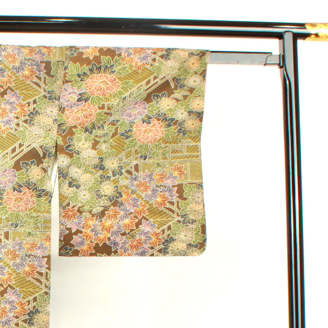 小紋 身丈158.5cm 裄丈64cm 袷  苦色 草花模様  正絹 Aランク 茶系 1115002723314