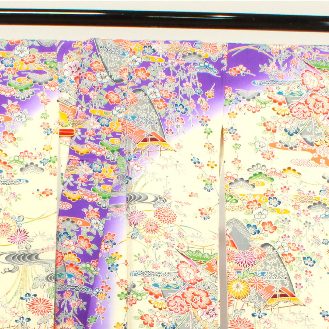 振袖 身丈162cm 裄丈65cm 袷  京紅型 松竹梅 菊 風景模様  正絹 Sランク 白系 1113001632411