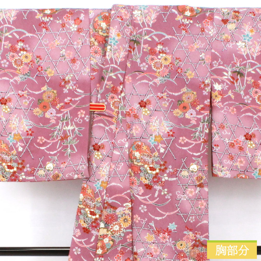 小紋 ポリエステル 身丈169.5cm 裄丈64.5cm 袷 京藤色（きょうふじいろ） 洗える着物 草花模様 Aランク 紫系 1115004623520