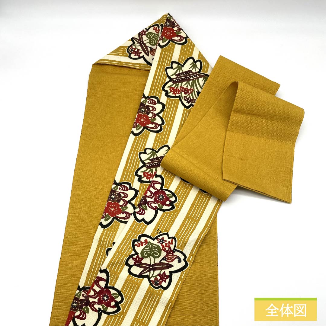 Nagoya Obi, Pure Silk, Grade A, Dark Egg-Colored, Stencil-Dyed, Tsumugi Fabric, Cherry Blossom Design, Length 365cm, Six-Ply, Casual, Yellow, Product Number 1124009303323, Nagoya Style