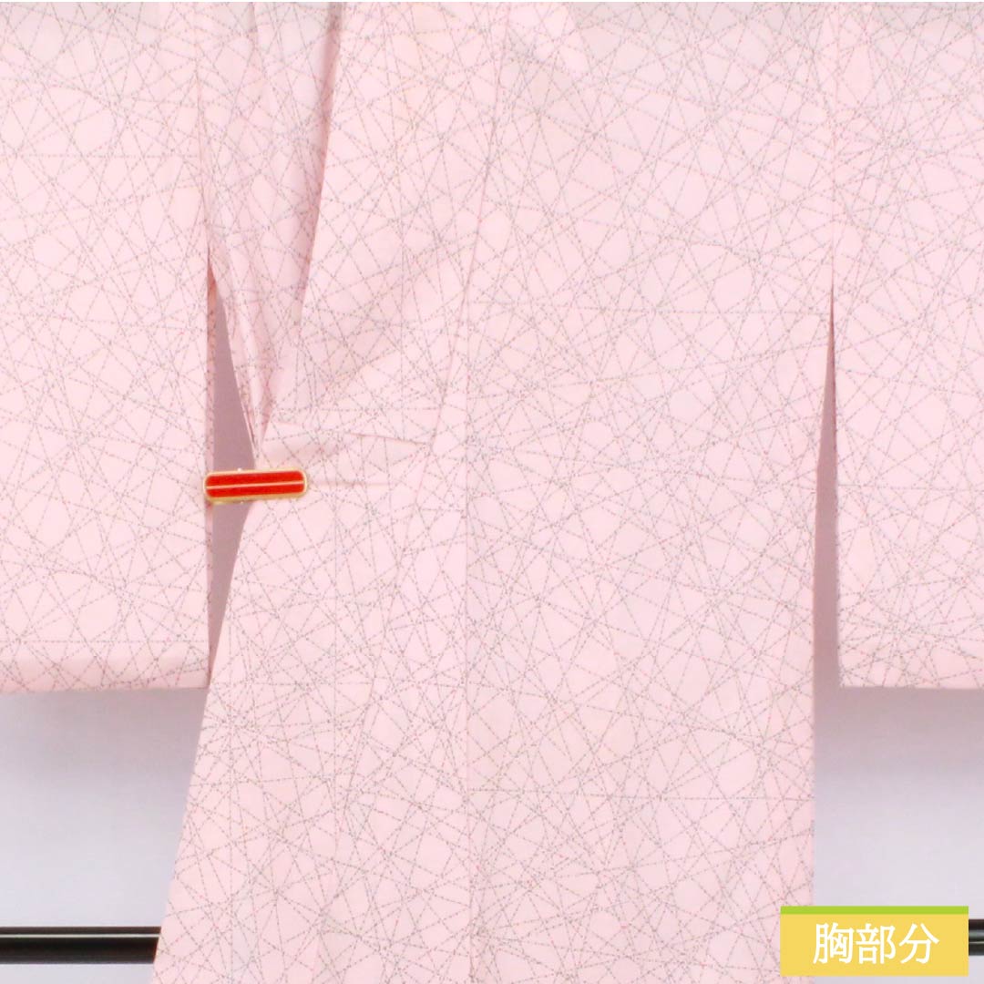 夏物 ポリエステル 小紋 身丈159.5cm 裄丈64cm 曙色（あけぼのいろ） 点 線 洗える着物 絽 Bランク ピンク系 1132002464313