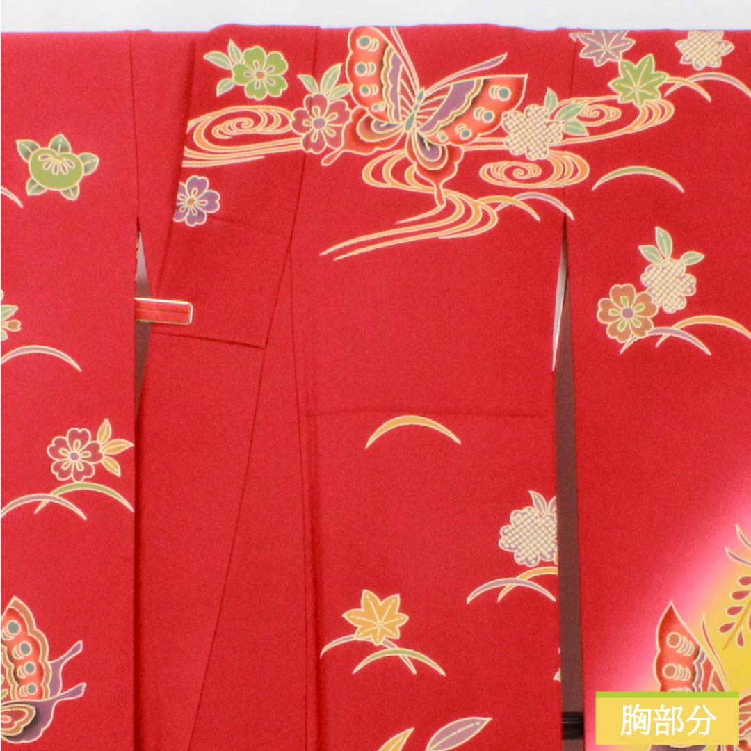 振袖 正絹 Aランク 身丈158.5cm 裄丈67cm 袷 紅赤色（べにあかいろ） 京紅型 吉祥文様 蝶 菖蒲 橘 赤系 1113002283312