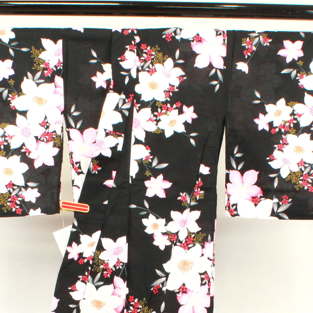 浴衣 花模様 木綿 Sランク 単衣 身丈162cm 裄丈67cm 黒系 1118001162410