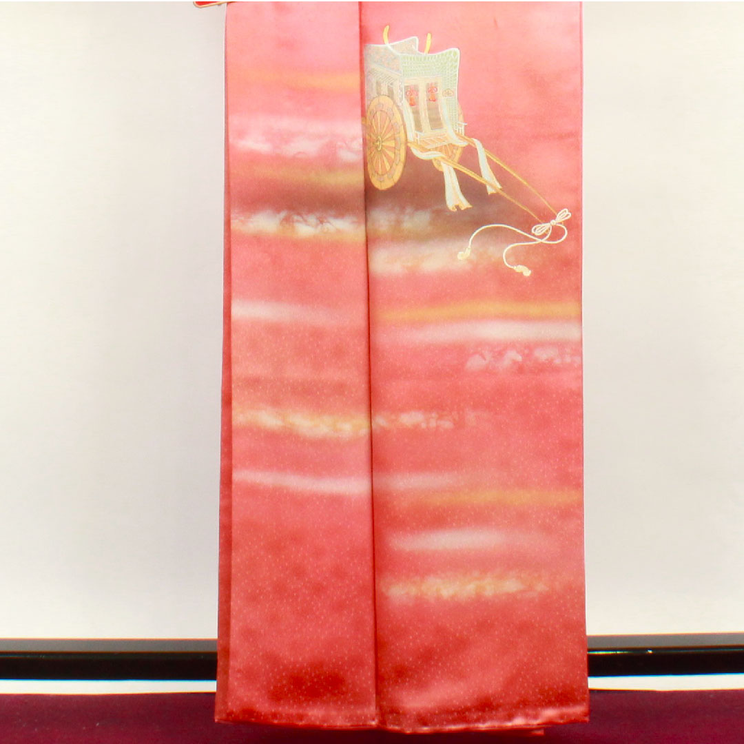 訪問着 袷 身丈161cm 裄丈63cm 中紅色 人間国宝 福田喜重 刺繍 御所車 正絹 Sランク 赤系 1112001882412