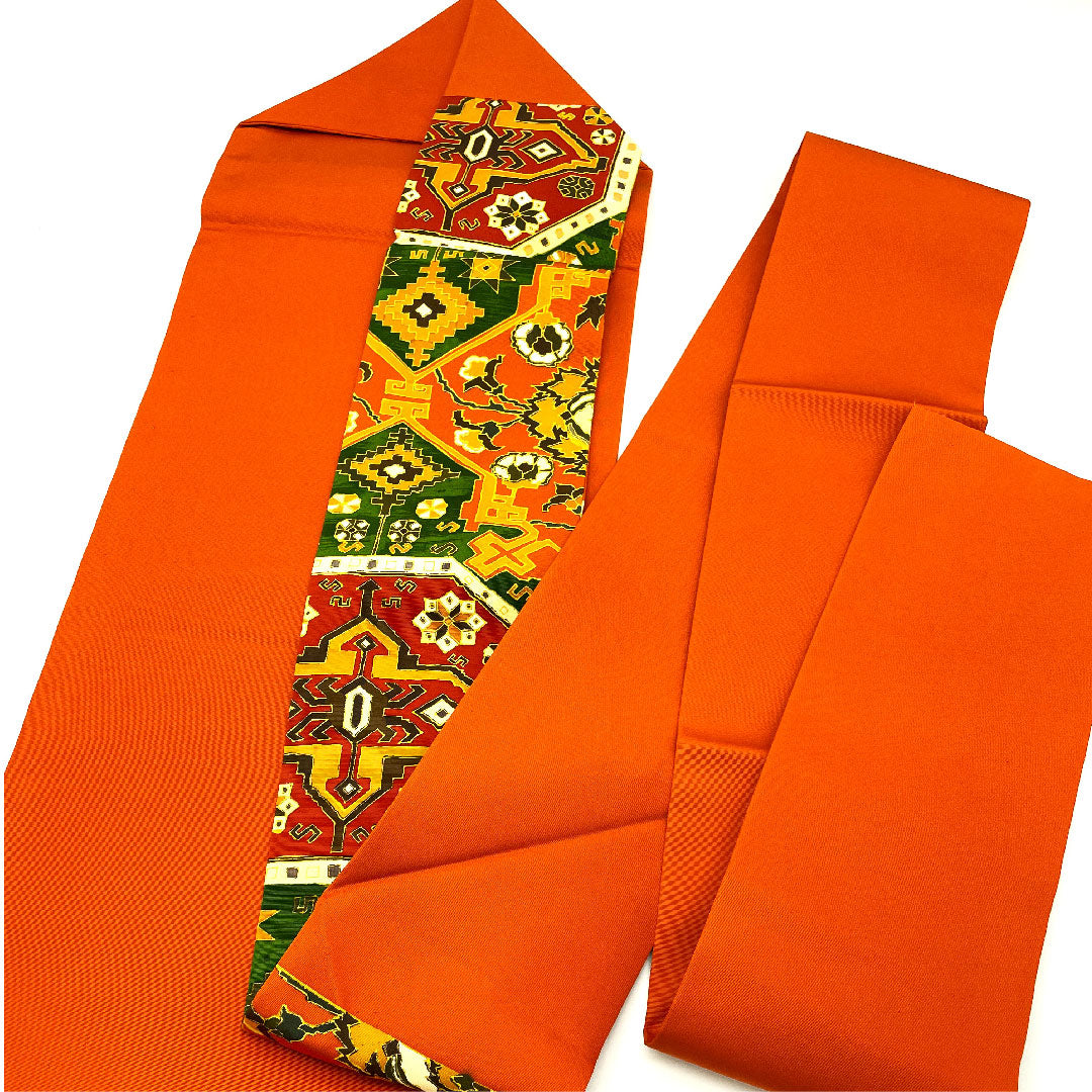 名古屋帯 塩瀬 唐花模様 染帯 帯丈378cm 正絹 Bランク 六通 カジュアル 朱系 1124001834316  名古屋仕立て