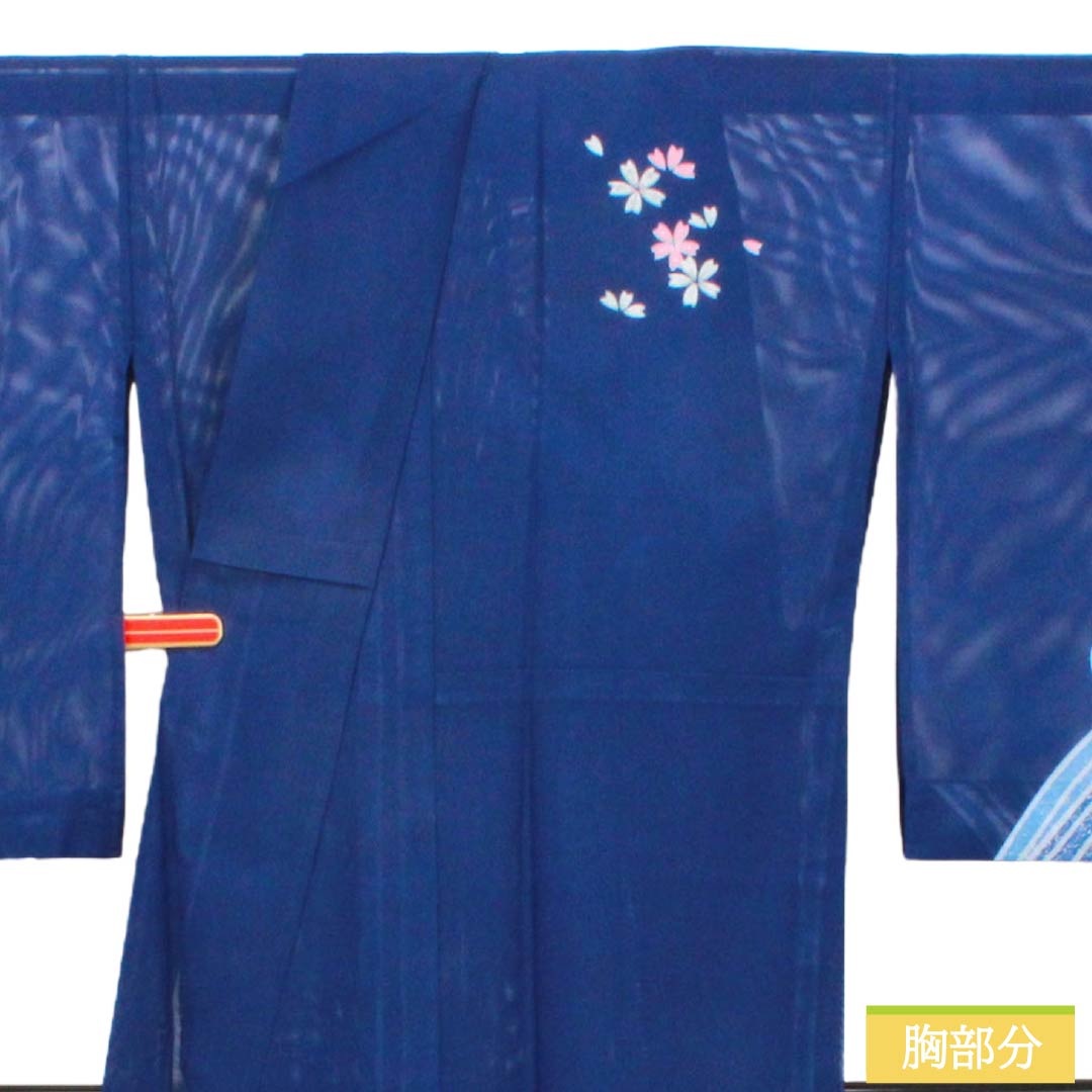 夏物 ポリエステル 付下げ Sランク 身丈158cm 裄丈69cm 紺桔梗色（こんききょういろ） 洗える着物 波 桜 絽 紺系 1132007102318